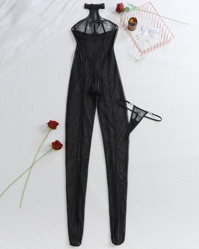 Black sheer long-leg bodysuit with halter neckline, vertical striped look