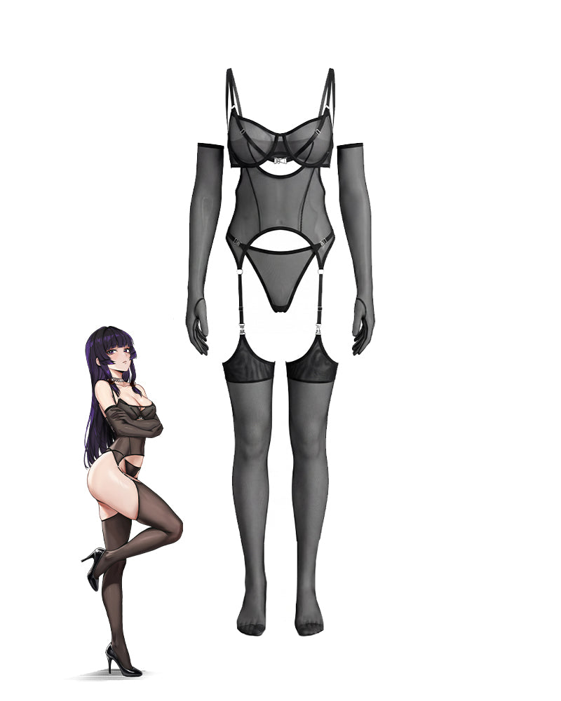 Black mesh lingerie set with bodysuit, garter straps, gloves, and thigh-high stockings