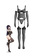 Black mesh lingerie set with bodysuit, garter straps, gloves, and thigh-high stockings
