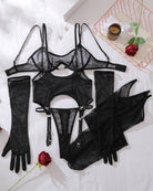 Black mesh lingerie set with bodysuit, gloves, and thigh-high stockings, laid out