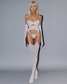 White mesh shaping bodysuit set with matching gloves and thigh-high stockings