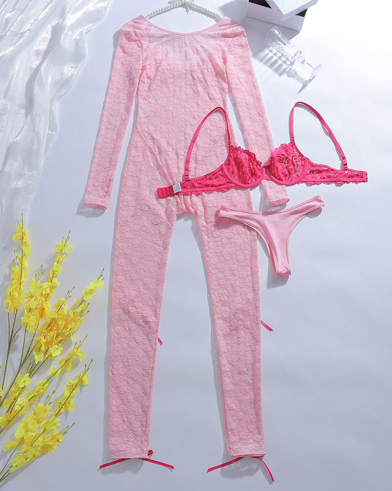 Pink lace long-sleeve jumpsuit set with matching bra and briefs, bow ties