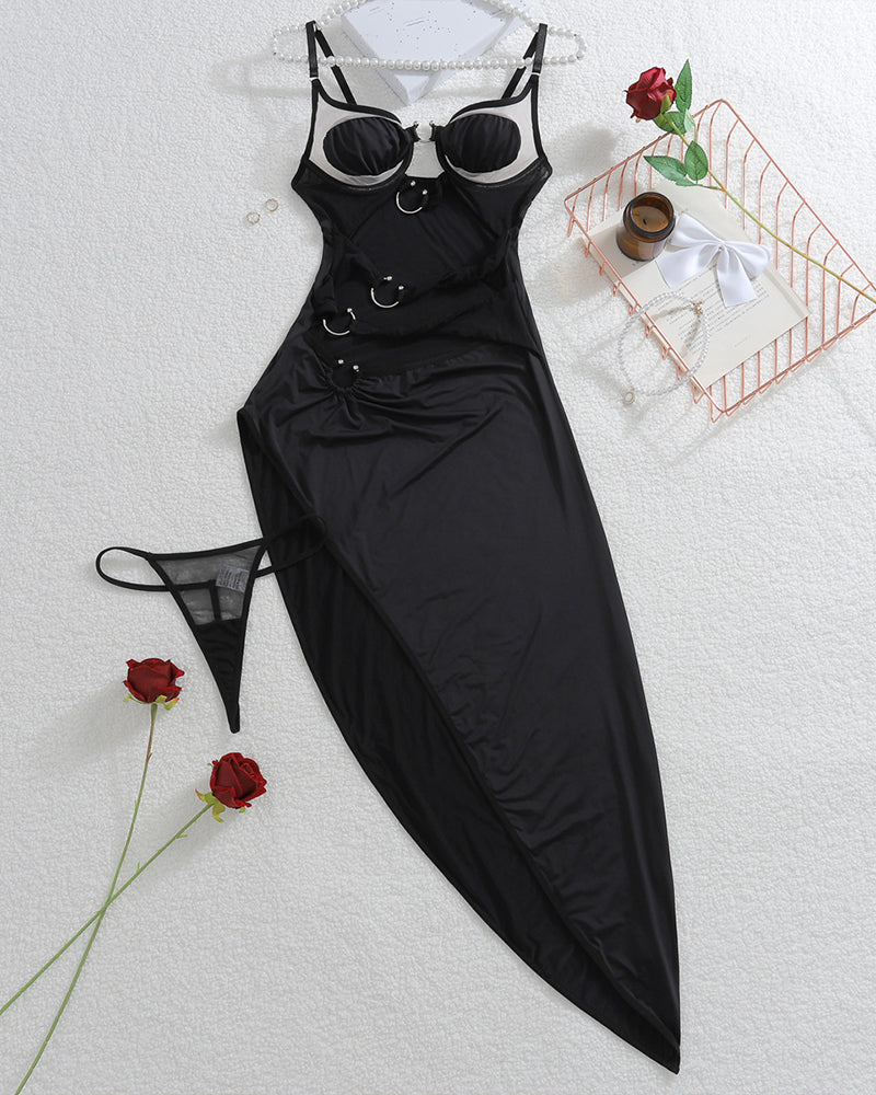 Black asymmetrical night dress set with bra cups and thong panty, adjustable straps
