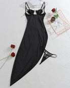 Black asymmetrical night dress set with thong panty and cutout back straps