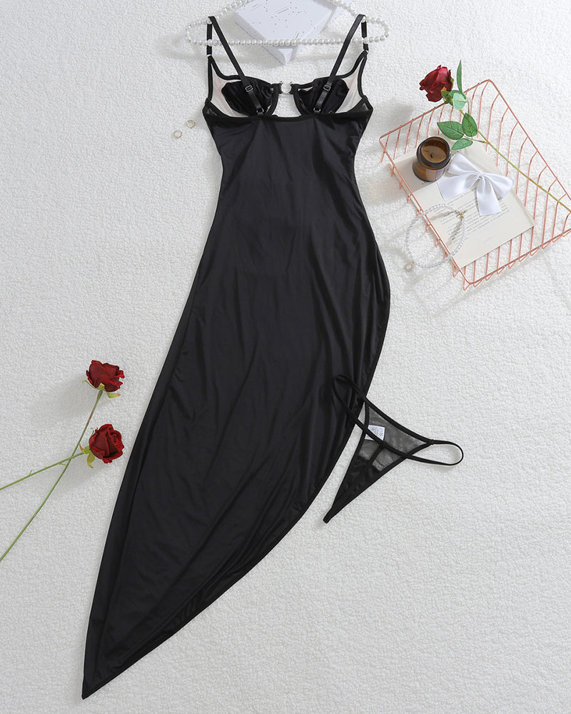 Black asymmetrical night dress set with thong panty and cutout back straps