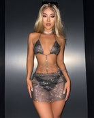 Rhinestone halter bra chain bikini and dark mini skirt set, sparkling