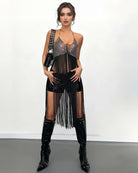 Black rhinestone mesh long tank top, sleeveless with fringe hem and V neckline