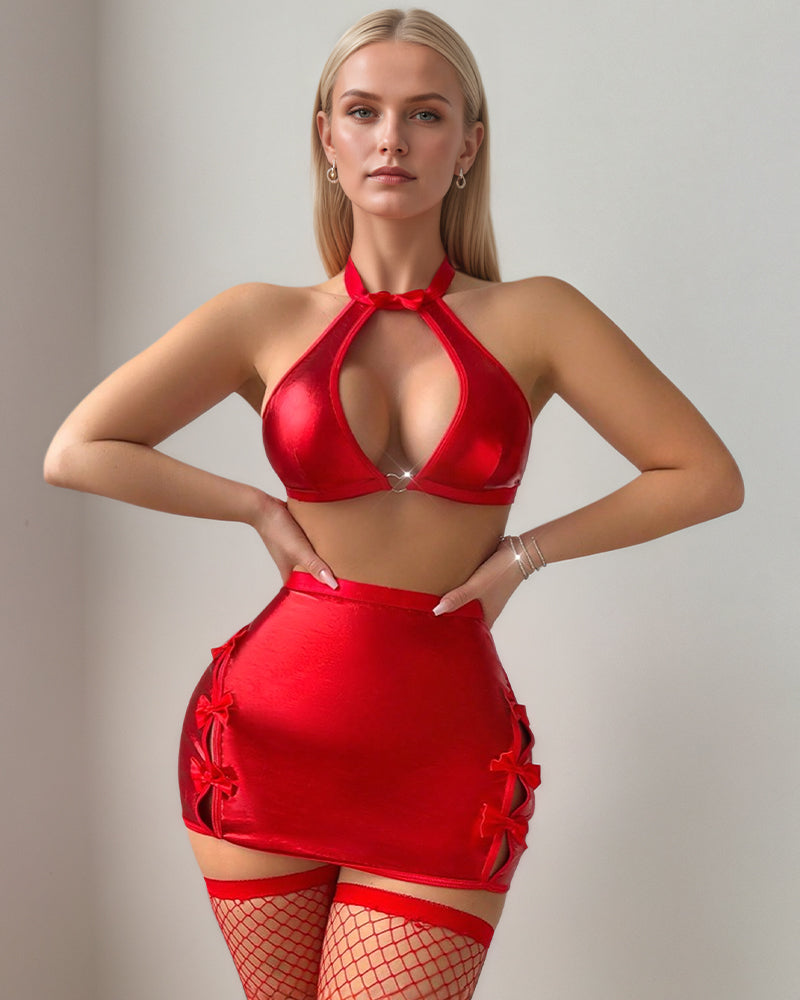 Red halter cutout bra, mini skirt with side cutouts, fishnet stockings set.