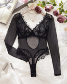 Black lace long-sleeve half corset bodysuit with sheer mesh and thong silhouette