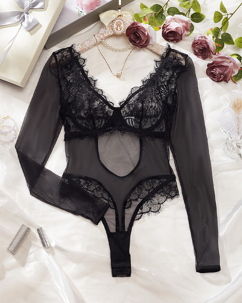 Black lace long-sleeve half corset bodysuit with sheer mesh and thong silhouette