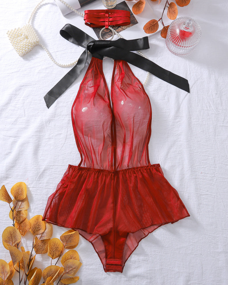 Wine red sheer mesh halter bodysuit with black ribbon trim and high-cut bottom