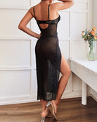 Black rhinestone mesh maxi dress, open back, spaghetti straps, side slit