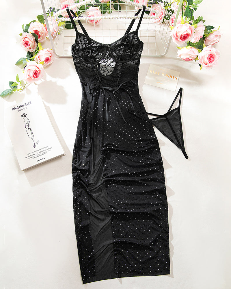 Black rhinestone mesh maxi dress, adjustable straps, with detachable sheer overlay