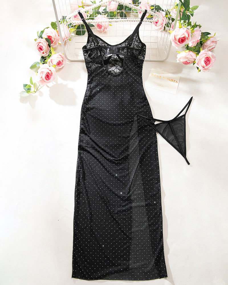 Black rhinestone mesh maxi dress on hanger, lace bust, thin spaghetti straps