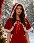 Red cloak hoodie costume with white faux-fur hood trim and red ribbon neck bow