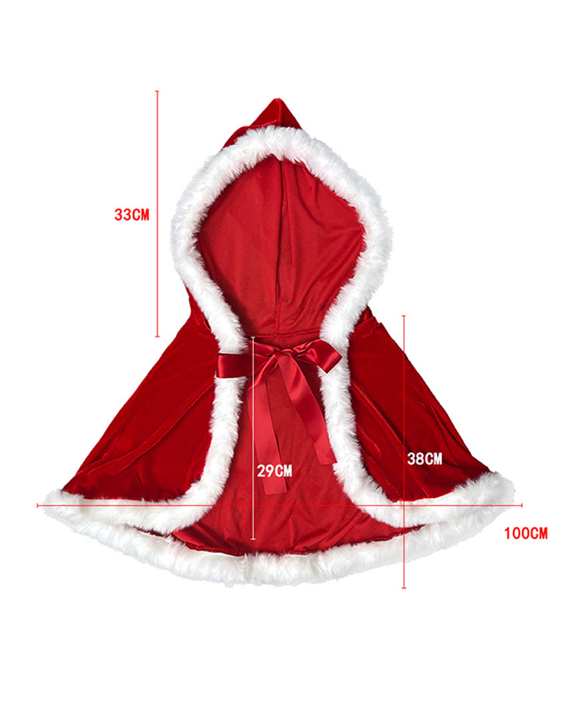 Red cloak hoodie cape with white faux-fur edging and ribbon tie, size diagram