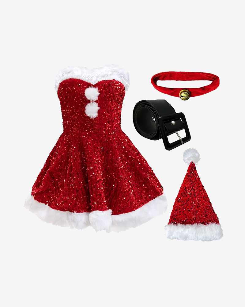Red strapless sequin mini dress with white fur trim and matching Santa hat (set)