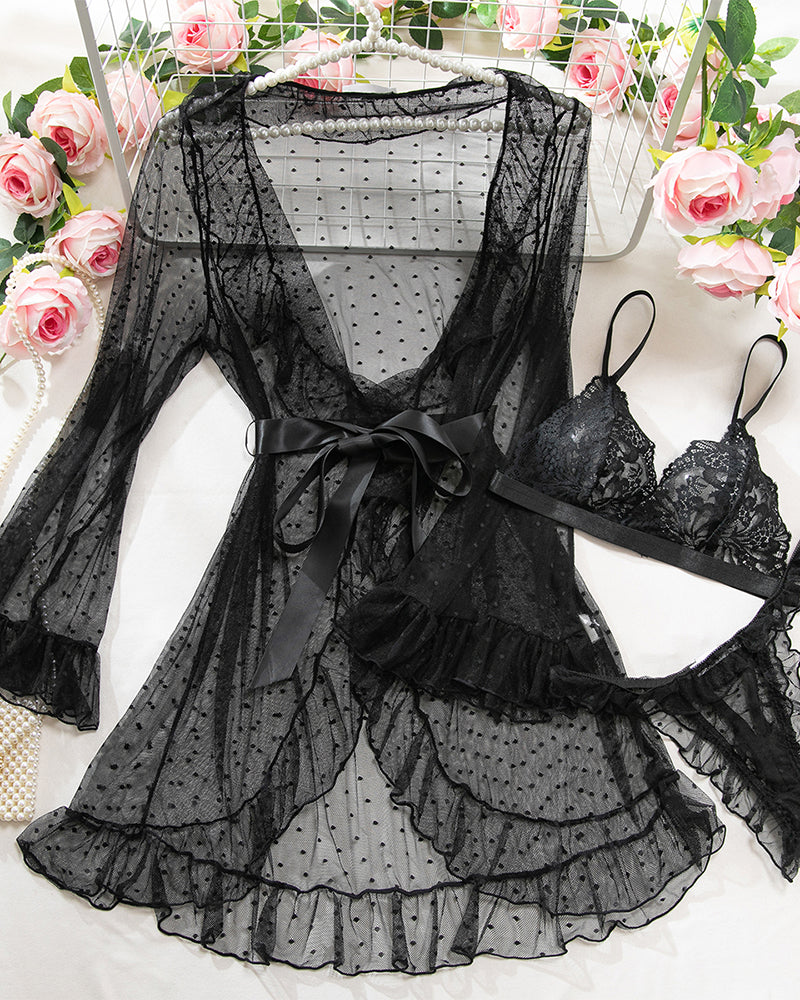 Black sheer ruffled robe and lace lingerie set on hanger with bow tie