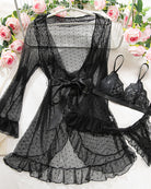 Black sheer ruffled robe and lace lingerie set on hanger with bow tie