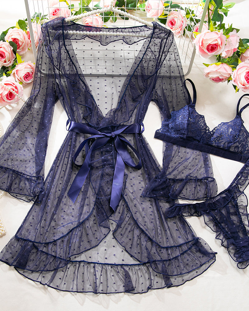 Navy sheer ruffled robe and lace panty set on hanger with ribbon tie