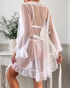Sheer ruffled robe with dotted mesh and white lace trim, back view