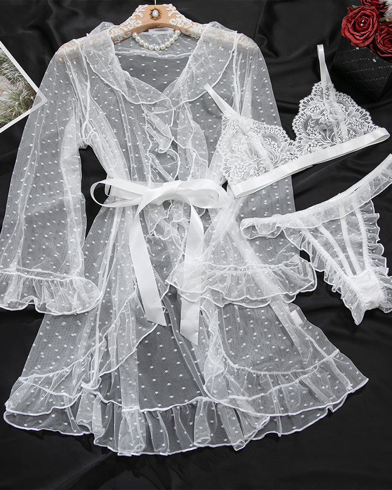 3-piece lingerie set with white sheer ruffled robe, bra, and panties, flat lay