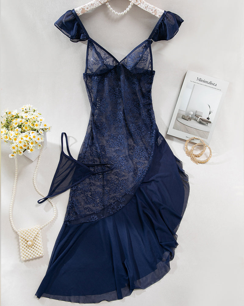 Navy lace see-through nightdress with asymmetrical irregular slit hem and ruffle cap sleeves