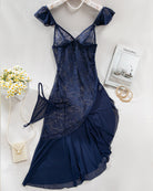 Navy lace see-through nightdress with asymmetrical irregular slit hem and ruffle cap sleeves