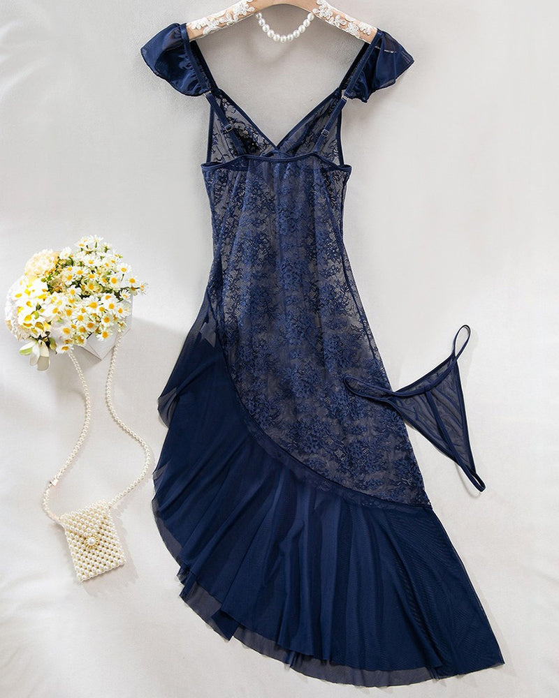 Navy lace see-through nightdress with adjustable straps and layered irregular slit hem