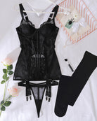 Black lace corset lingerie set with boning, thong, garter straps, stockings