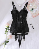Black lace bustier corset with boning, thong and garter straps, set