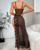Black mesh sleep nightgown with open back and lace panel