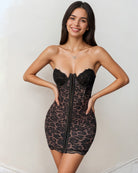 Leopard corset mini dress with black lace bust cups and vertical front panel