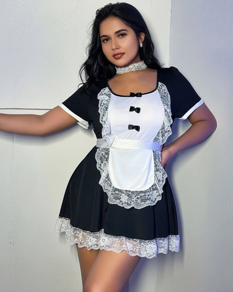 Plus size French maid cosplay dress: black skirt with white apron and lace trim