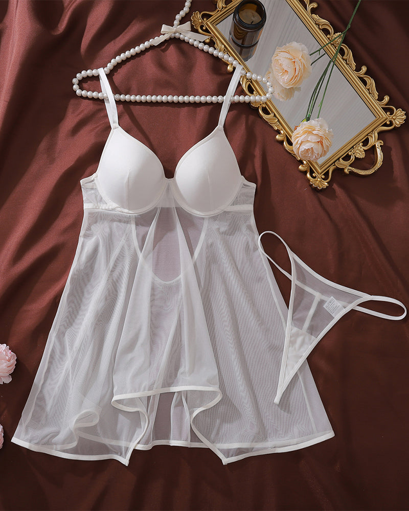 White mesh underwire babydoll with adjustable straps and sheer skirt, plus matching thong
