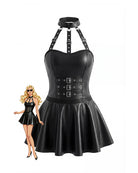 Black leather-look halter bodysuit and flared skirt set, buckled straps