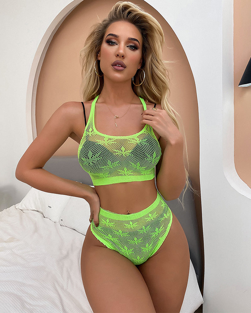 Neon green sheer fishnet lingerie set with scoop bralette and matching high-waist bottoms