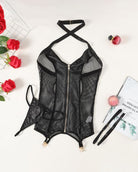Black PU halter corset with front zipper and cross-back straps