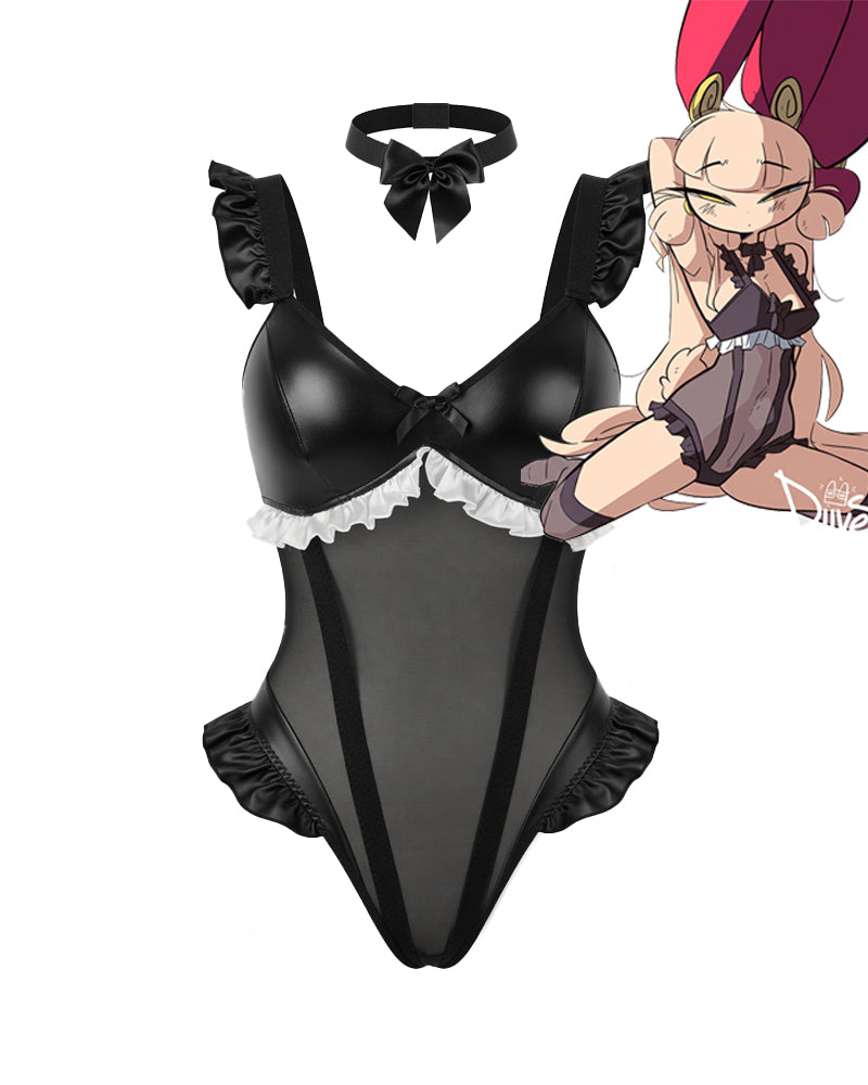 Black PU leather mesh bodysuit with bow choker, cross corset panel, and ruffled bust trim.