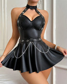 Black leather halter mini dress with underbust cups, eyelet straps, chain belt, flared skirt