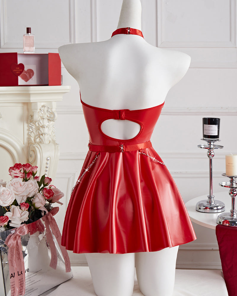 Red leather halter mini dress back with oval cutout, buckled band, flared mini skirt