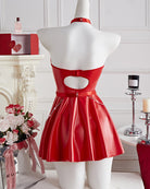 Red leather halter mini dress back with oval cutout, buckled band, flared mini skirt
