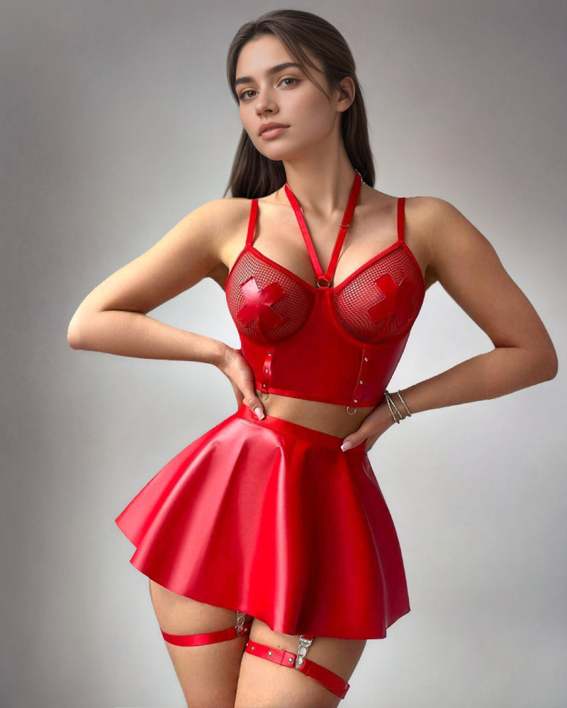 Red lace-up fishnet bra and mini skirt set with harness straps and garter belts