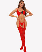 Red lace lingerie set with garter straps, thong, and long stockings, black bow at bust