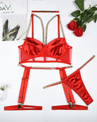 Red push-up bra with mesh straps, garter belt and thong with choker, lingerie set