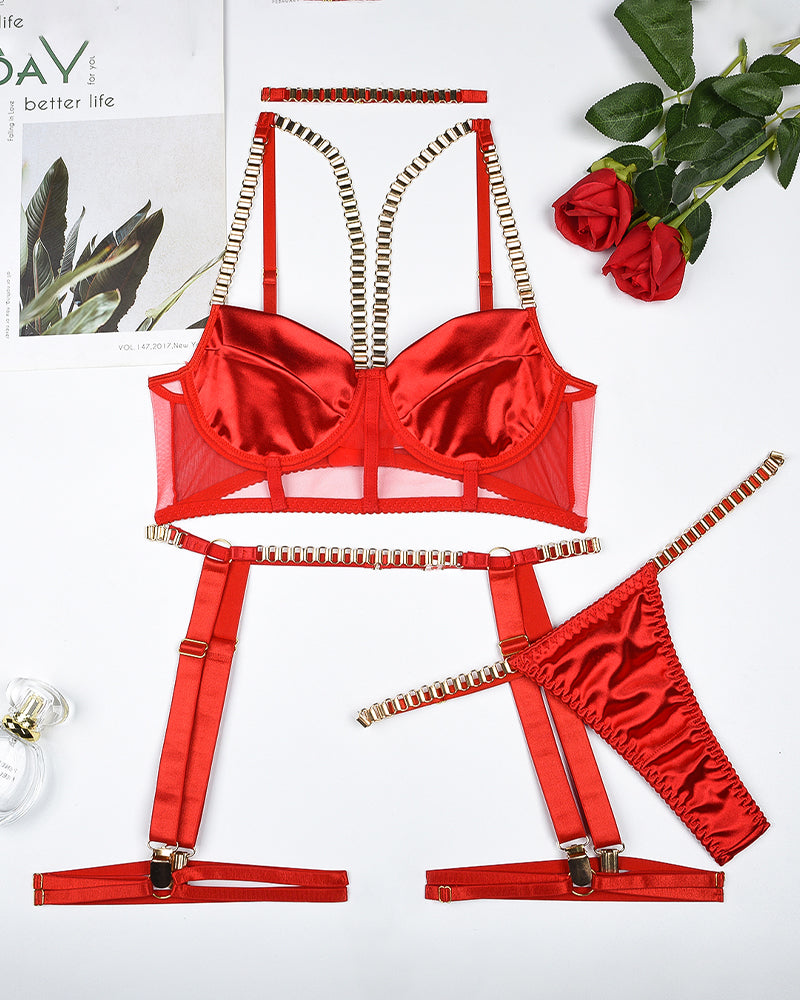Red push-up bra with mesh straps, garter belt and thong with choker, lingerie set