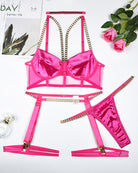 Fuchsia lingerie set: push-up bra with mesh panels, garter belt, thong and choker