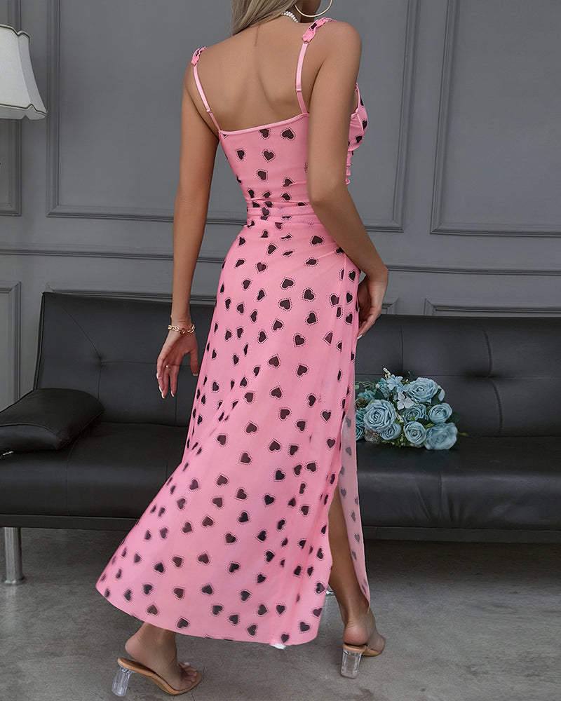 Pink long backless nightgown with black heart print and high side slit