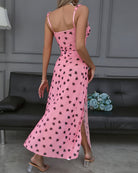 Pink long backless nightgown with black heart print and high side slit