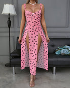 Pink long nightgown with black heart print, ruffled straps and high slit